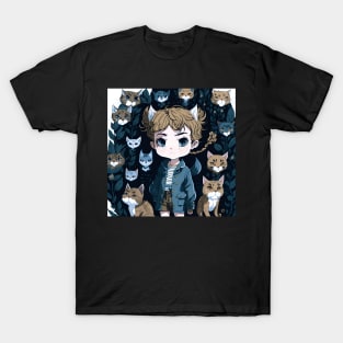 boy with cats aesthetic illustration sticker T-Shirt